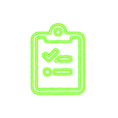 Icon clipboard list check from the flow of energy of green color. Shimmering neon