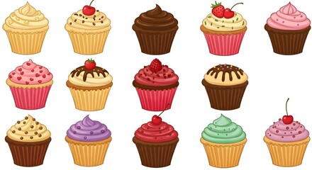 A vector set of cupcake clipart designs, featuring various flavors, colorful frosting, and decorative elements, perfect for creative projects.