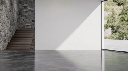 Modern interior space with stone wall and large window showcasing nature