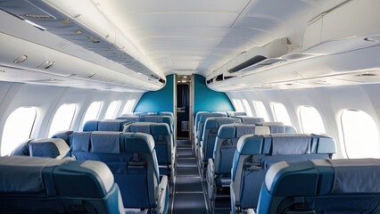 Fototapeta premium Interior view of an airplane cabin featuring rows of blue leather seats aligned along a central aisle.