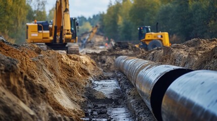 Excavation Site with Heavy Machinery for Pipeline Installation in Nature