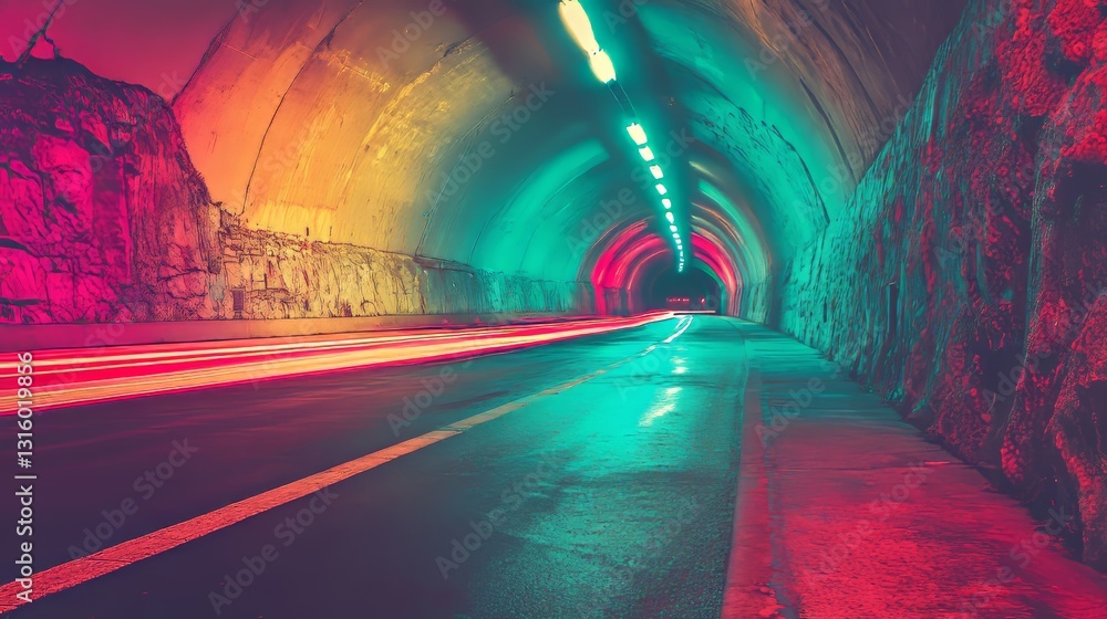 Poster a car speeds through a tunnel, creating blurred motion and abstract light trails on a fast-paced nig