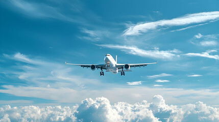 Obraz premium White Passenger Airplane Descending Through a Bright Blue Sky with Cumulus Clouds Preparing for Landing