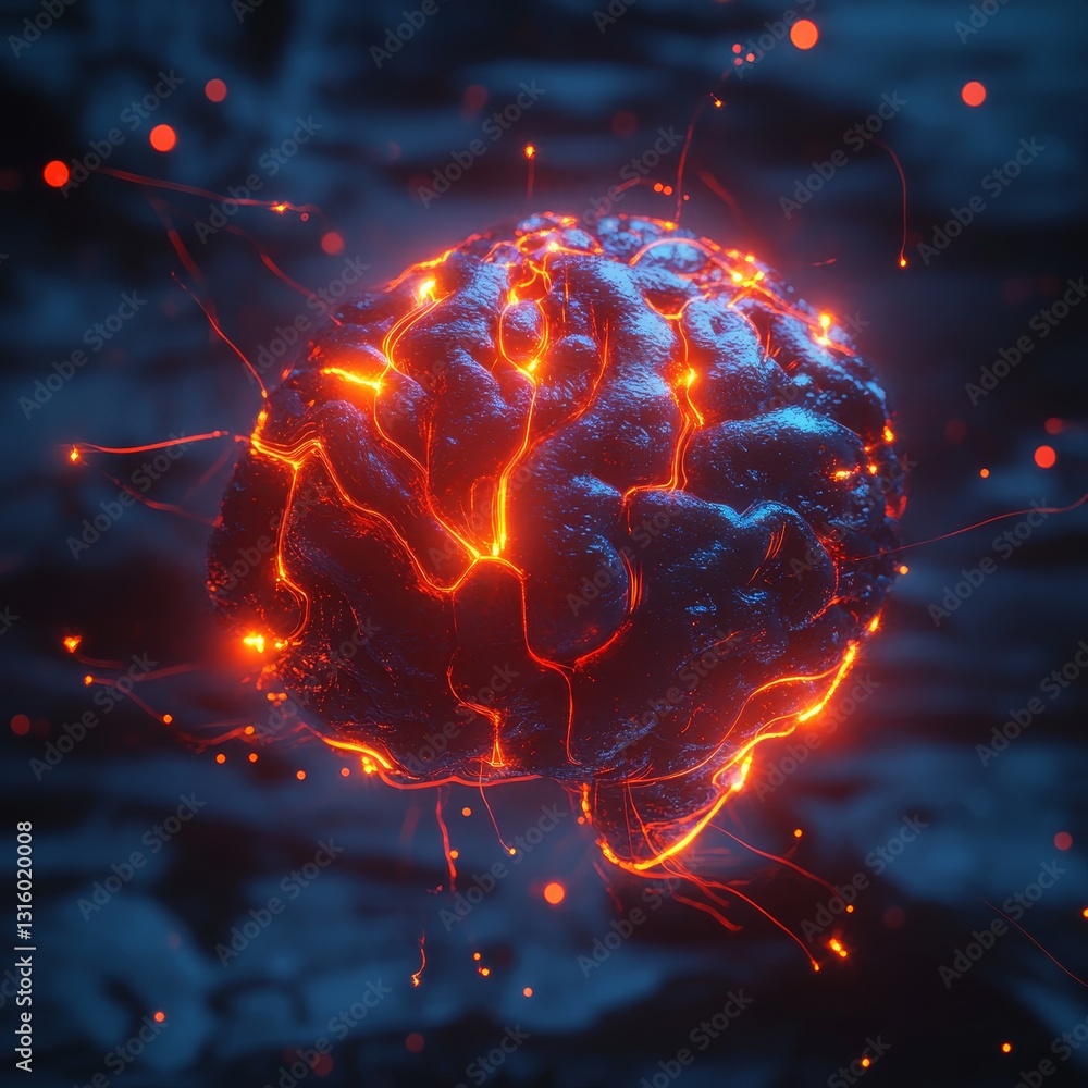 Poster a visually striking image of a glowing brain with vibrant patterns and sparks, set against a dark ba