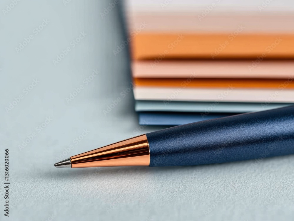 Aufkleber minimalist financial precision sleek navy and copper ballpoint pen on soft gradient background - mod