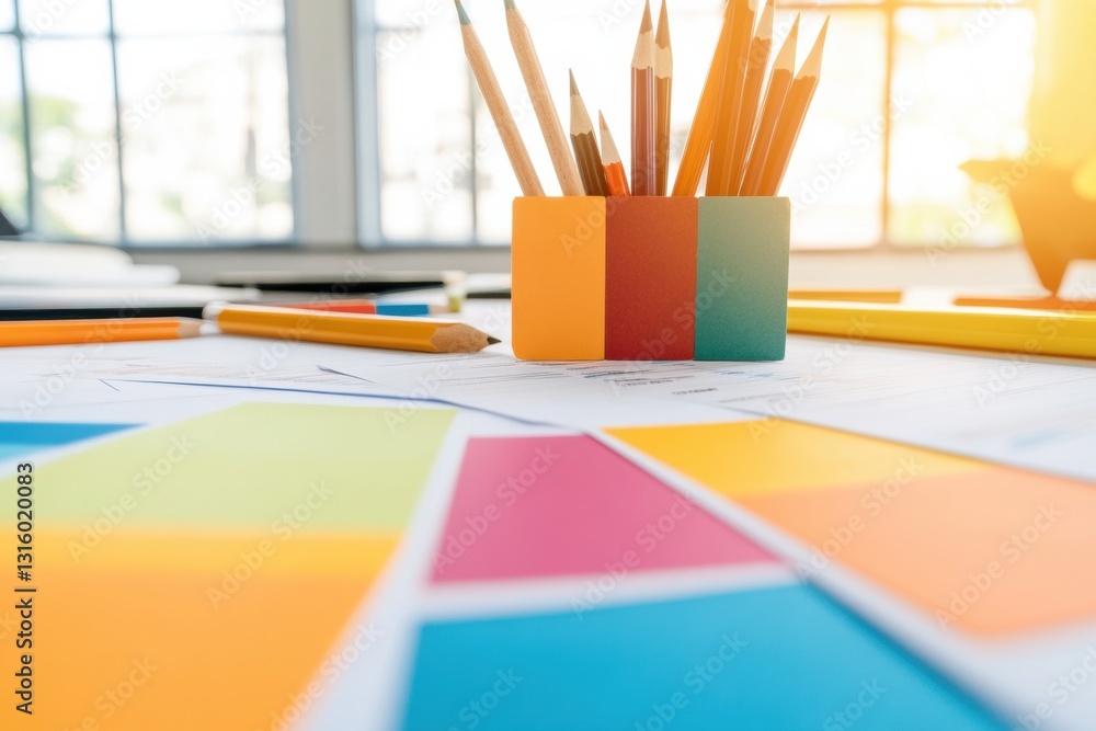 Aufkleber Dynamic Color Theory Workspace Minimalist Design Studio with Vibrant Pencil Palette - Creative Professional Productivity and Innovative Visual Branding Solutions