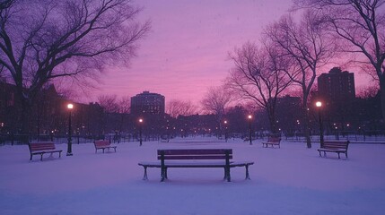 Naklejka premium Serene winter park scene at dusk with snow covered ground benches and trees under a pink and purple sky creating a peaceful and tranquil atmosphere
