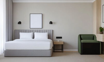 Modern bedroom with minimalist design and natural light during the day