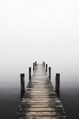 A stunning minimalist photograph showcasing a foggy pier extending into calm water. The scene exudes tranquility, solitude, and serenity, perfect for a nature lover's collection.