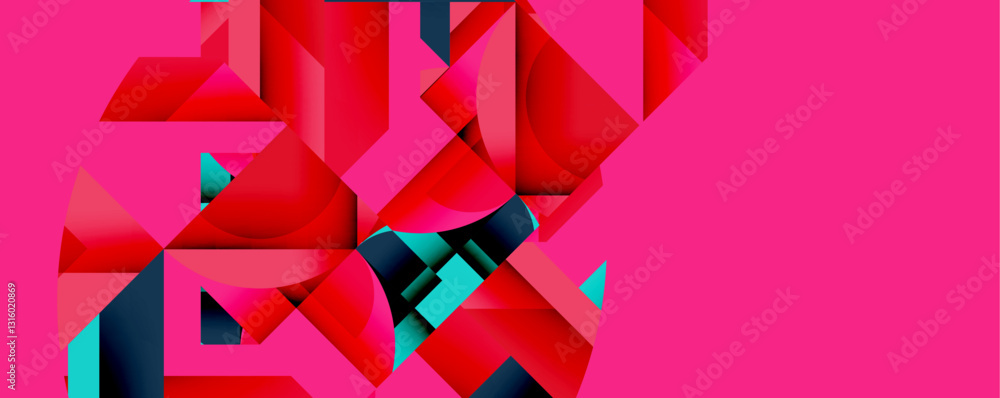 Poster Abstract geometric composition with interlocking circular and angular shapes, featuring smooth gradients and sharp contrasts on a white background