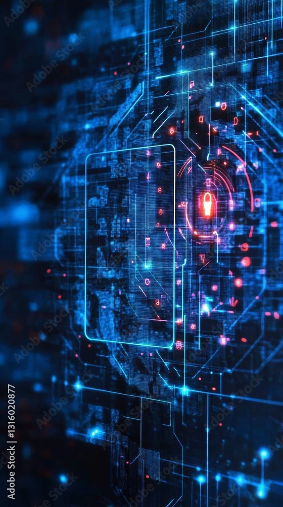 Poster a blue and red image of a computer screen with a red lock symbol. the image is abstract and has a fu