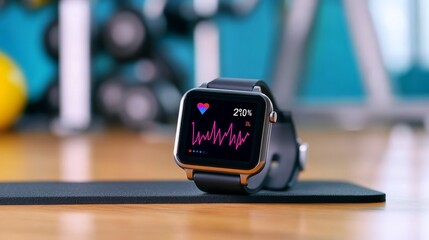 Smartwatch displaying heart rate data on a fitness mat in a gym with weights in the background