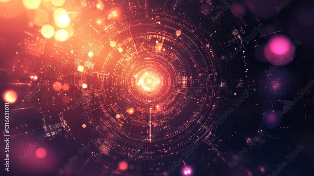 Poster an abstract digital circle surrounded by bright light and sparkling elements, creating a vibrant and