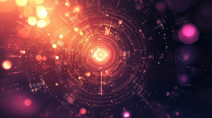 Fototapeta premium An abstract digital circle surrounded by bright light and sparkling elements, creating a vibrant and innovative atmosphere perfect for technology and design themes.