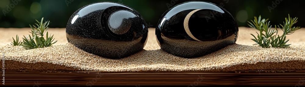 Poster two glossy black eggs rest on a textured table covered in fine, golden sand, their smooth surfaces r