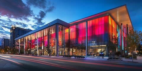 Obraz premium Architectural Marvel, A Modern Building Illuminated at Dusk with a Vibrant Palette