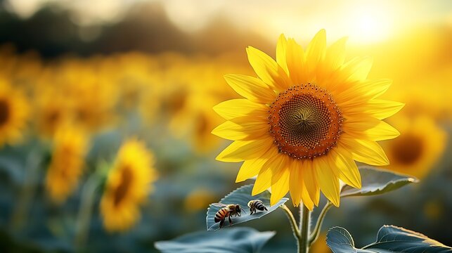 A radiant sunflower field with bees actively gathering nectar in the golden sunlight