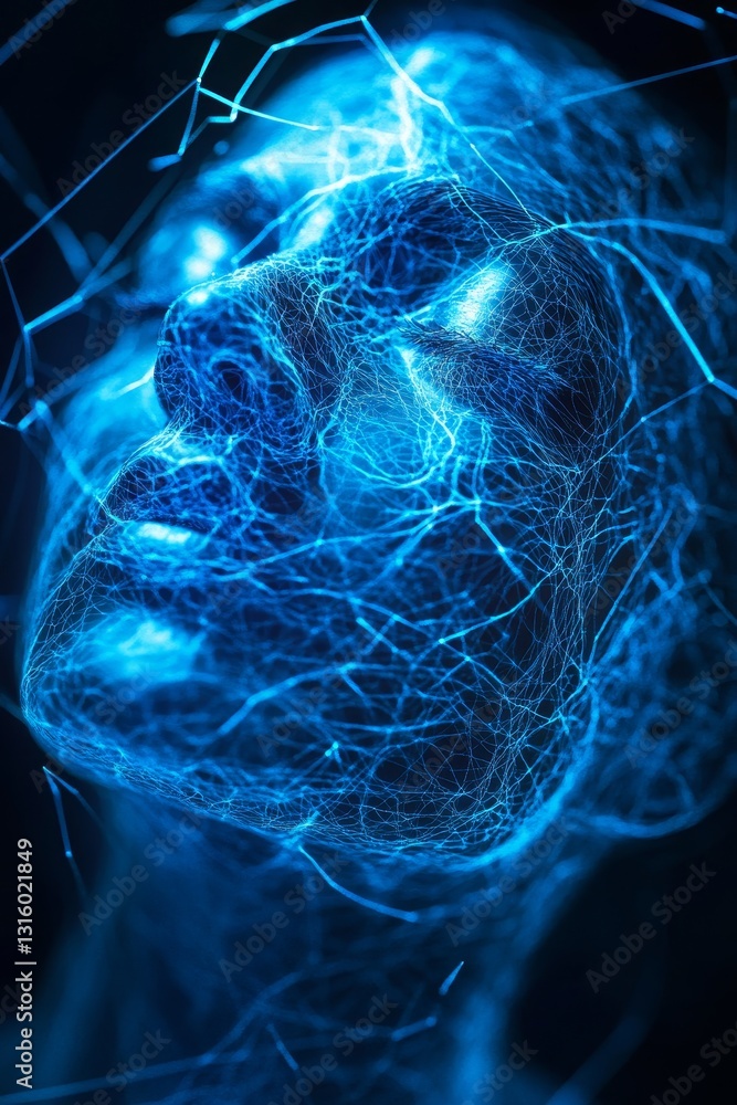Aufkleber this mesmerizing image features an abstract human face illuminated by dynamic blue light lines, emph