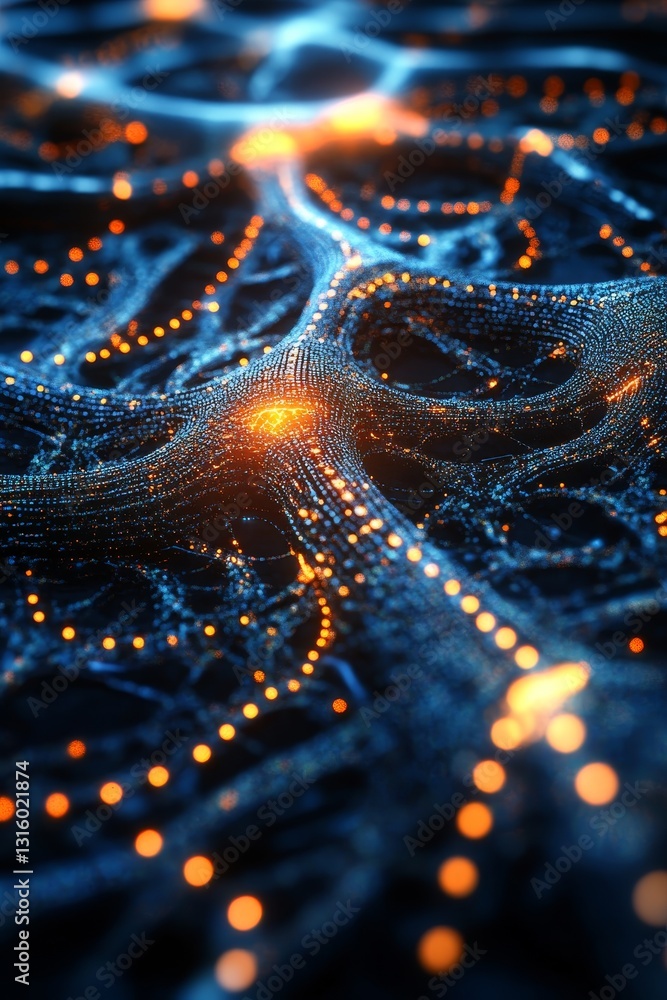 Poster intricate abstract network illustration featuring glowing nodes and vibrant light patterns. ideal fo