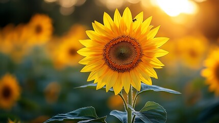 Fototapeta premium A radiant sunflower field with bees actively gathering nectar in the golden sunlight