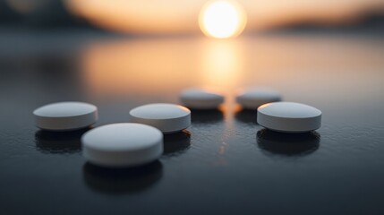 A close-up of round and oval pills on a smooth black table with a soft-focus background