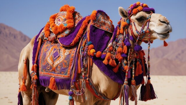 A decorated camel stands gracefully, adorned with a vibrant patterned saddle blanket featuring shades of orange,