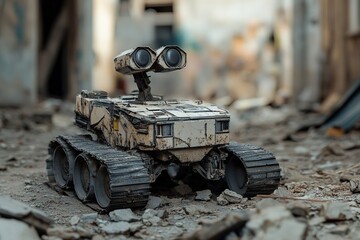 An all-terrain military robot in a ruined city. Off-road vehicle. A military off-road vehicle. A military vehicle with huge wheels.