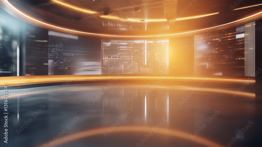 Poster explore a modern news studio with sleek design and realistic lighting. this empty space showcases a 