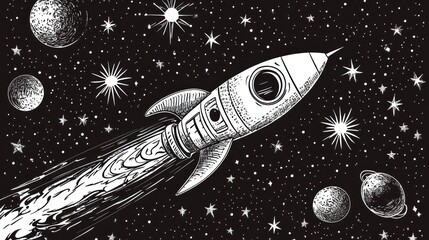 Retro rocket launching into space, stars background, science fiction illustration