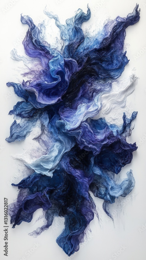 Poster ethereal blue fabric flow on white backdrop creating abstract artistic composition with gentle light