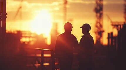 Fototapeta premium Silhouette of Engineer Team at Construction Site During Sunset