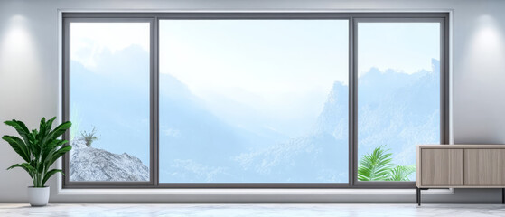 Beautiful mountain view through large modern window in a minimalist interior space