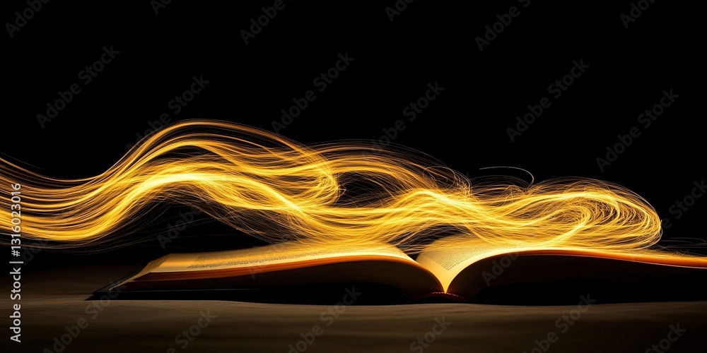Poster a book is open to a page with a yellow line that is flowing out of the book. concept of movement and