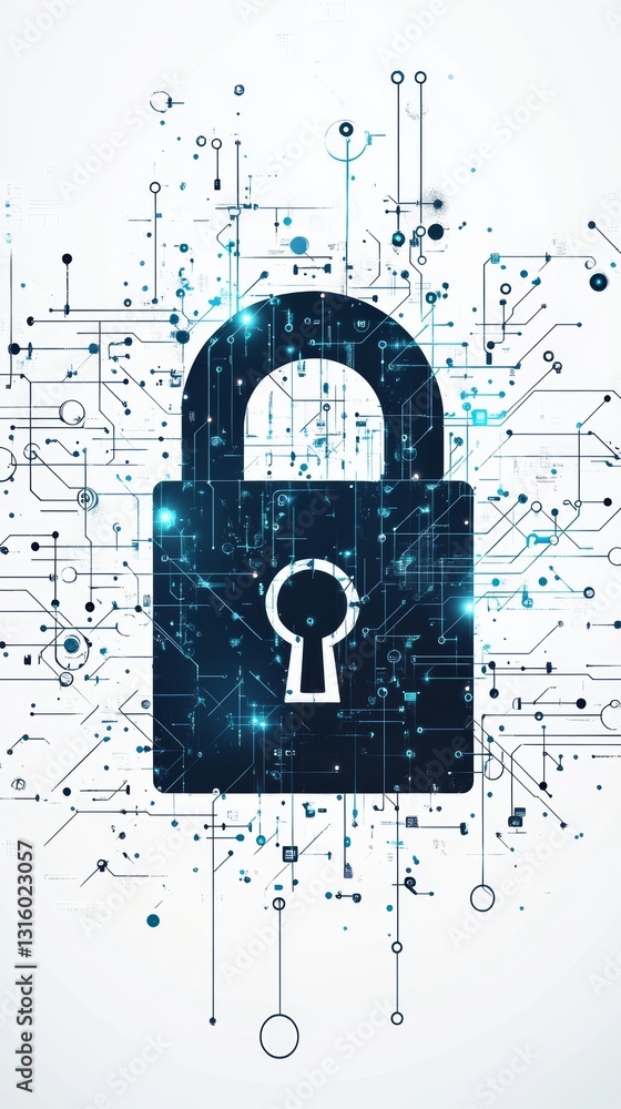 Poster digital security lock concept with circuit lines and data connections