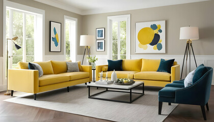 Bright Modern Living Room with Yellow Furniture and Artistic Decor