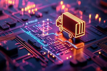 Futuristic digital circuit board with glowing truck icon symbolizing logistics and technology