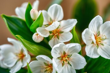 Obraz premium Vibrant white flowers with fresh green leaves beautifully captured with a delicate background