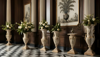 Elegant Interior with Floral Arrangements and Classic Architecture