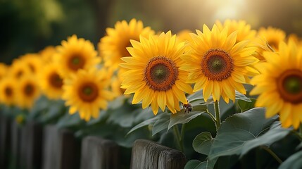 Fototapeta premium Tall sunflowers blooming under the sun as bees move between the flowers