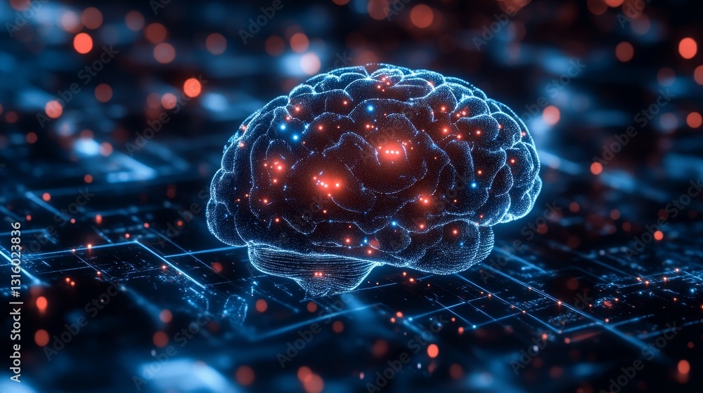Poster this image features a glowing digital brain set against a network of circuits, symbolizing the fusio