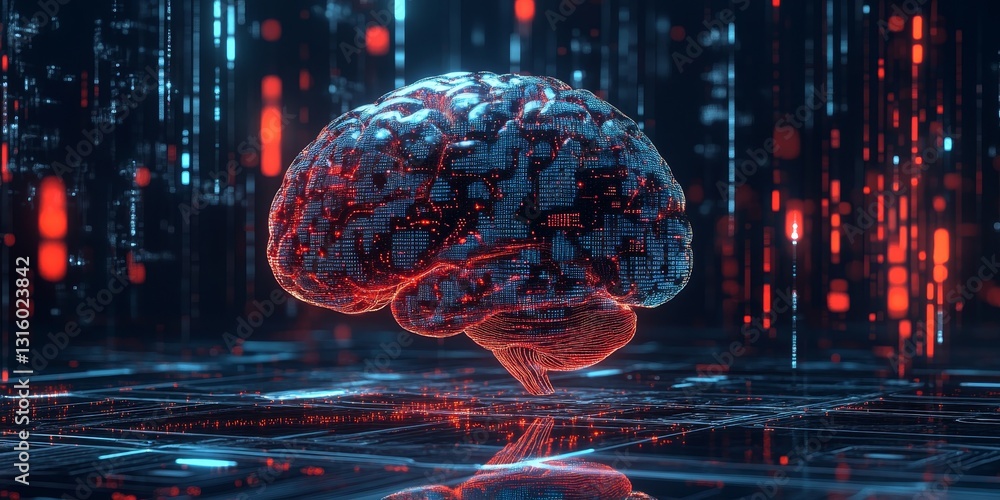 Poster explore a stunning digital brain illuminated by neon colors, symbolizing advanced technology and art
