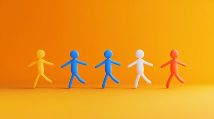 Happy friday, Colorful paper cutouts holding hands, vibrant orange background, symbolizing unity and diversity, ideal for teamwork themes.