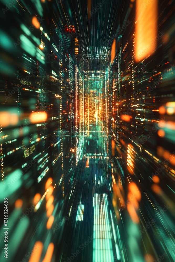 Aufkleber experience a mesmerizing digital cityscape adorned with vibrant lights and data streams, representin