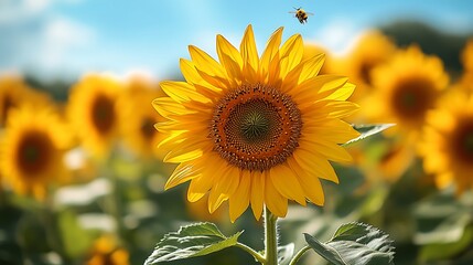 Fototapeta premium A sunny meadow filled with blooming sunflowers and buzzing bees in motion