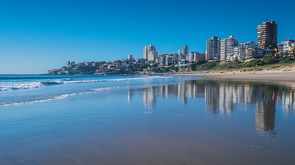 Bondi Beach Reflections, A Serene Coastal Scene with Cityscape Backdrop