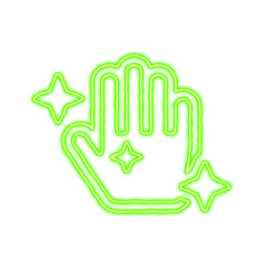 Icon hand sparkles from the flow of energy of green color. Shimmering neon