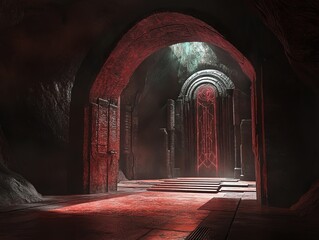 An underground scifi temple with pulsating runes on its walls, forgotten technology, alien mysticism