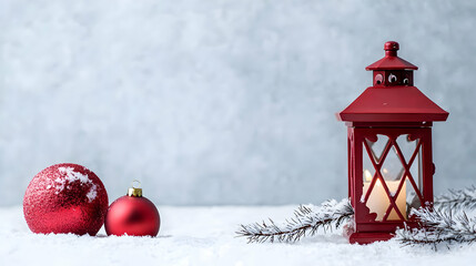 Red Christmas Lantern With Ornaments And Snow A Festive Still Life On White Background