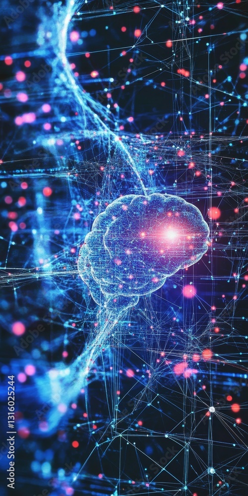 Poster a blue and red brain with a red dot in the middle. the brain is surrounded by a network of blue and 