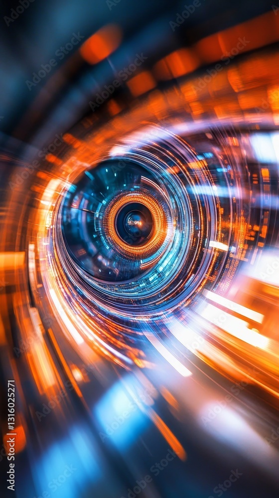 Poster vibrant abstract technology background featuring dynamic circular motion effects in blue and orange 